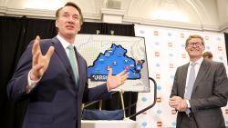 RICHMOND, VIRGINIA - JUNE 15: The governor of Virginia Glenn Youngkin (C) and the CEO of The Lego Group Niels B. Christiansen (R) speak during a press event where The LEGO Group is announcing to build a US $1 billion, carbon-neutral run factory in Virginia, USA. (Photo by Tasos Katopodis/Getty Images for The LEGO Group )